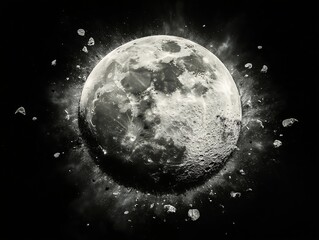Naklejka premium Moon Exploding: Dramatic Black & White Celestial Art