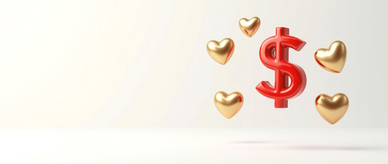 Fototapeta premium 3D red Dollar icon and golden hearts flying in zero gravity on clean white background. Free space for text.