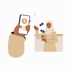 Female bank client receiving money while using a mobile app in flat vector illustration symbolizing financial transactions, payments, and digital finance, isolated on white background.
