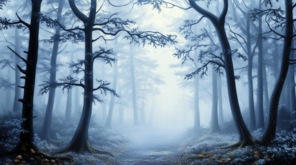 Naklejka premium Mystical Misty Forest Path with Dark Tree Silhouettes in Blue Tones