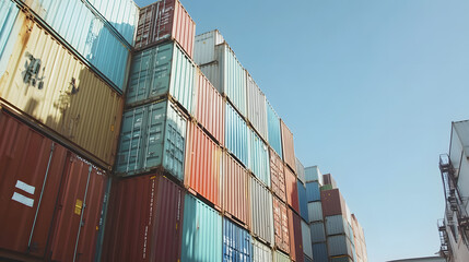 Fototapeta premium Container industrial yard shipping Export Logistic Crane Forklift Port Blue Sky Background Space Road Import Business Freight Logistic Transport Industry Service Airplane Container Ship Truck Cargo