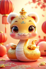Fototapeta premium Golden Snake Elegance: Whimsical Lunar New Year Celebration with Prosperity and Charm