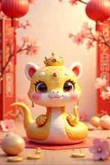 Naklejka premium Golden Snake Elegance: Whimsical Lunar New Year Celebration with Prosperity and Charm