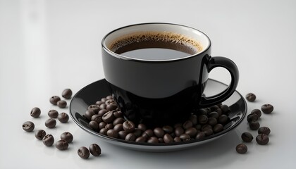 Minimalist black coffee cup filled with freshly brewed coffee, placed on a black saucer surrounded by scattered roasted coffee beans. Captured in a clean, modern style with a white background