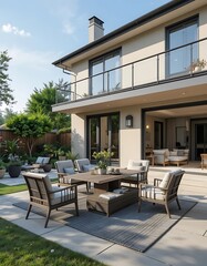 Modern Patio Furniture Set Near Contemporary House