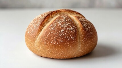 Freshly baked bread roll with golden crust and sesame seeds on t