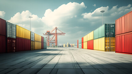 Fototapeta premium Container industrial yard shipping Export Logistic Crane Forklift Port Blue Sky Background Space Road Import Business Freight Logistic Transport Industry Service Airplane Container Ship Truck Cargo