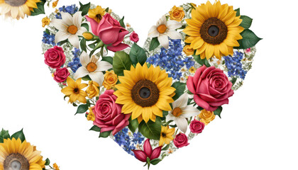 Naklejka premium A heart-shaped patchwork design of petals from different flowers—roses, lilies, and sunflowers—in vibrant colors, placed meticulously to form a symmetrical floral pattern, on a white transparent backg