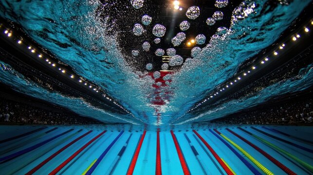 Underwater view of a competition swimming pool with bubbles rising to the surface.