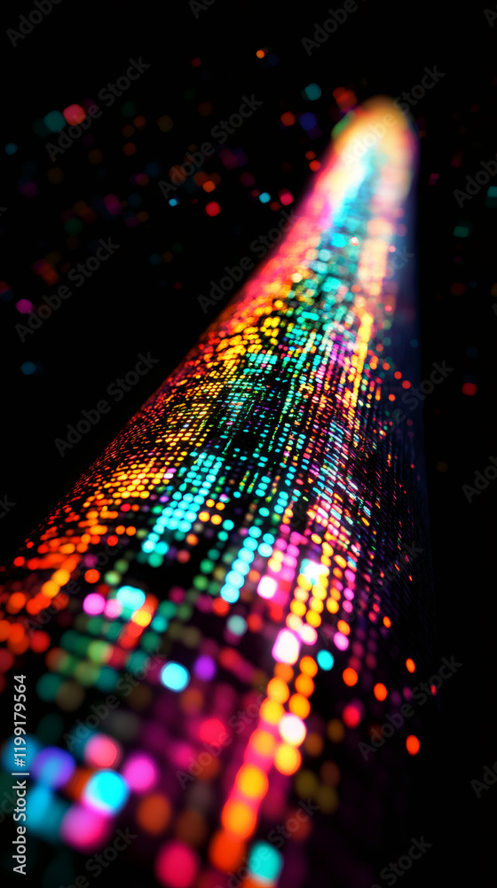Poster Glowing fiber optic cable transmitting bright data streams across dark background, representing high-speed digital communication technology