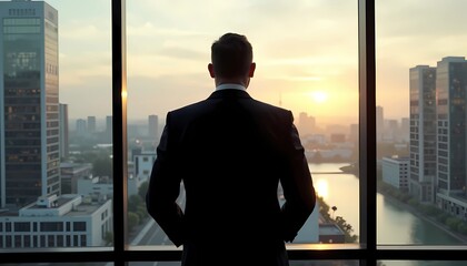 Back view, potrait of businessman looking towards the future, modern office setting, sunrise city background. Concept of ambition, success, and leadership.