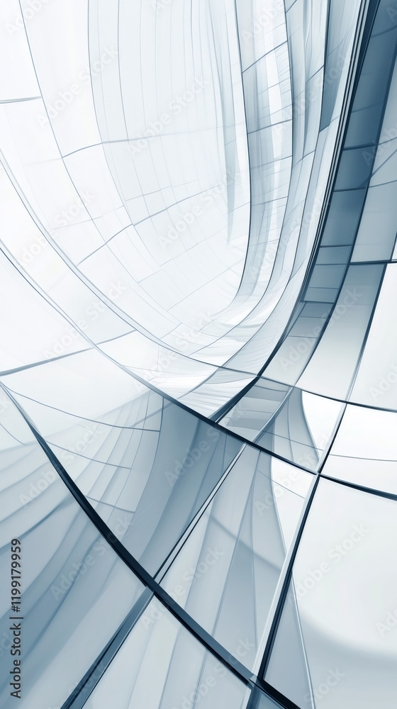 Poster abstract architectural photography of a modern glass building facade curving and reflecting light, c