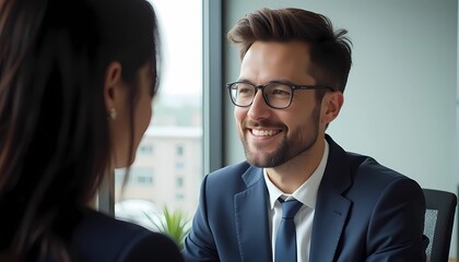 Portrait of businessman recruiting, conducting job interview with candidate in modern office