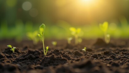 Young seedlings sprouting in soil under sunlight.