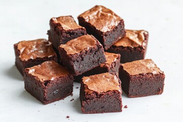 Decadent chocolate brownies stacked artfully, showcasing rich te