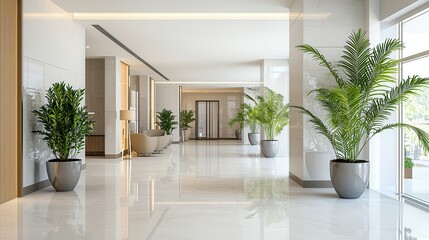 Fototapeta premium Upscale design in a luxury hotel lobby Modern hallway with plants and polished flooring.