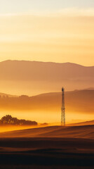 Naklejka premium Metal telecommunication tower rising in a foggy landscape at sunrise, creating a warm and mysterious atmosphere