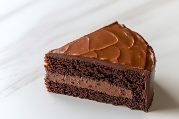Rich chocolate cake slice showcasing creamy frosting and moist l