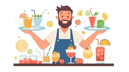 A bartender, wearing a friendly smile, crafts and serves an array of drinks to satisfy different preferences.