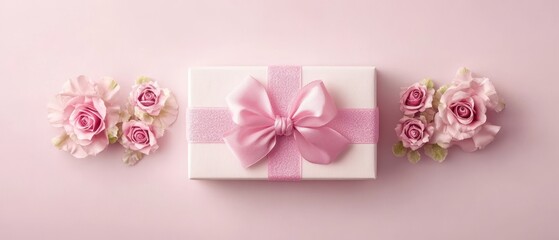 A lovely white gift box adorned with a delicate pink bow, surrounded by vibrant flowers, perfect for expressing love on Valentine's Day.