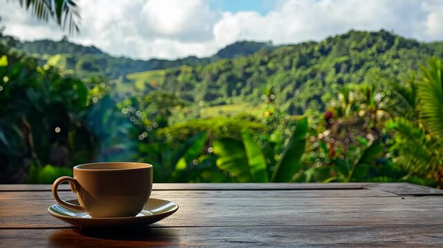 Enjoying coffee with a breathtaking view of tropical greenery in the morning sun, Coffee on the table with a view of tropical green hills ing