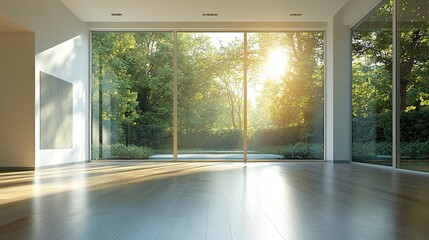 A stock photo captures an empty room with white walls, hardwood floors, and expansive windows, giving a sense of spaciousness and endless possibilities for decoration or customization. 