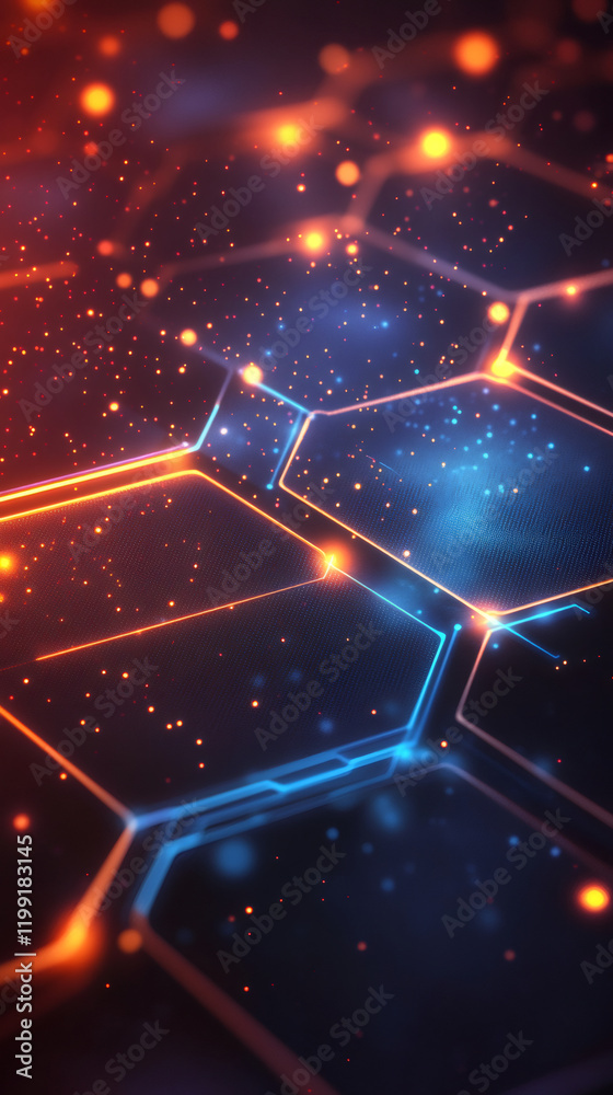 Leinwandbilder Complex hexagonal network glowing in orange and blue with digital particles floating around, creating a futuristic and technological atmosphere
