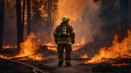 Obraz premium Firefighters battling a massive forest fire , using hoses and equipment, with flames and smoke surrounding the rugged landscape,Generative Ai 