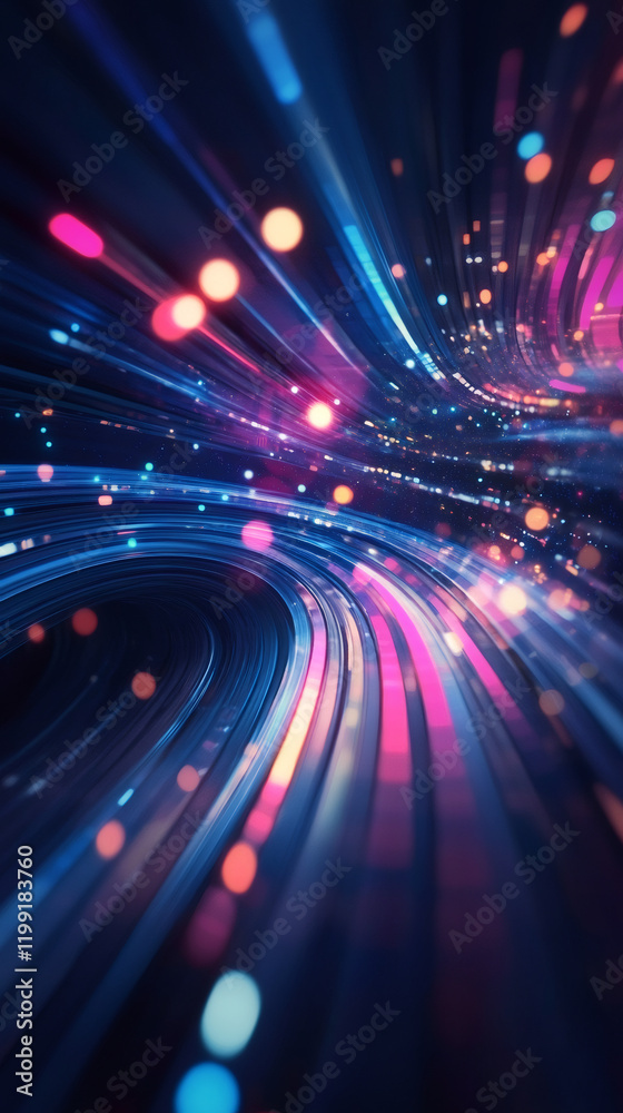 Poster fiber optic cables transfering big data at high speed with glowing bokeh lights and colorful neon tr