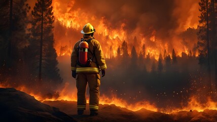 Firefighters battling a massive forest fire , using hoses and equipment, with flames and smoke surrounding the rugged landscape,Generative Ai
