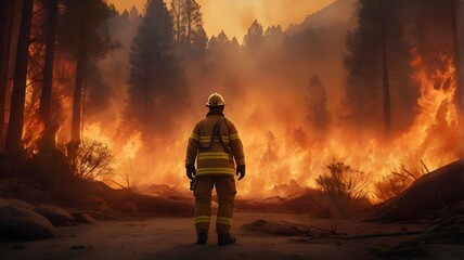 Obraz premium Firefighters battling a massive forest fire , using hoses and equipment, with flames and smoke surrounding the rugged landscape,Generative Ai 