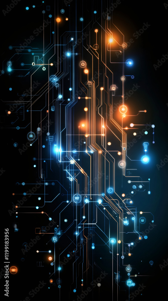 Aufkleber Complex electronic circuit board transmitting data with glowing orange and blue lines and dots on a black background
