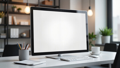 Fototapeta premium Blank computer screen on a modern desk with stationary and plants for advertising display