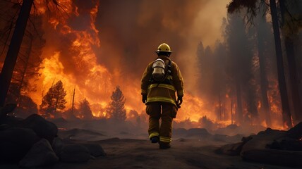 Naklejka premium Firefighters battling a massive forest fire , using hoses and equipment, with flames and smoke surrounding the rugged landscape,Generative Ai 