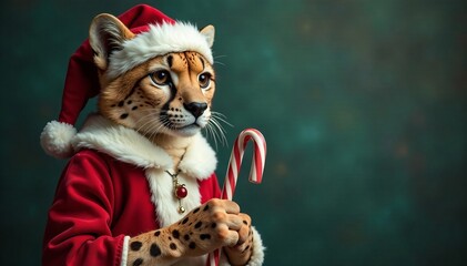 A festive leopard in a Santa outfit holding a candy cane, ready for Christmas.