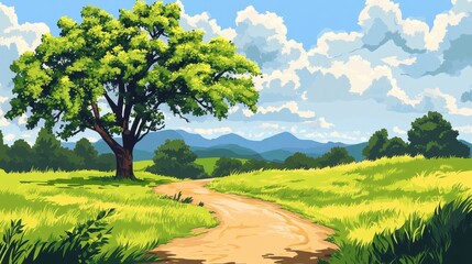 Serene Countryside Landscape With Winding Path And Lush Greenery