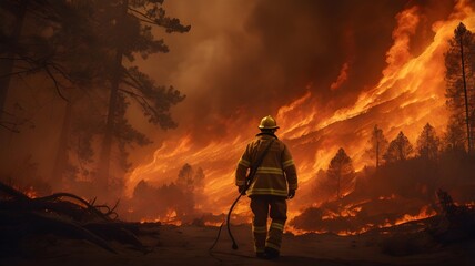 Firefighters battling a massive forest fire , using hoses and equipment, with flames and smoke surrounding the rugged landscape,Generative Ai
