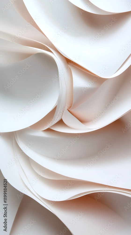 Poster curved white paper sheets forming abstract, elegant geometric design with sinuous lines