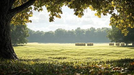 Obraz premium Summer field, hay bales, tree shade, idyllic scene.