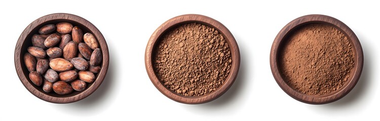 Cocoa beans, nibs, and powder in wooden bowls.
