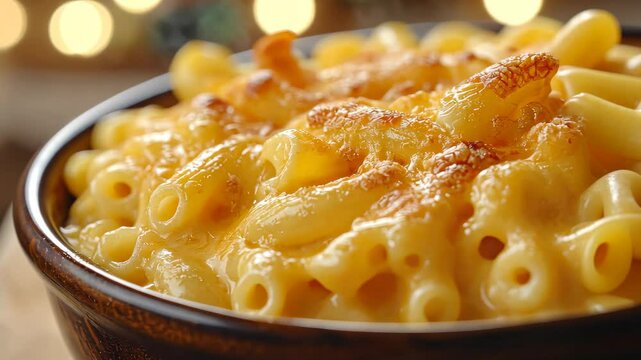 Bowl of rich homemade macaroni and cheese with a delightful bokeh background for a cozy meal, Bowl of macaroni and cheese with bokeh background