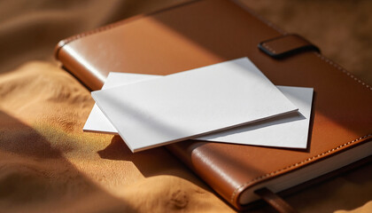 Business cards with a blank design on a brown notebook background for advertising