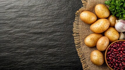 Colorful selection of potatoes, red beans, garlic, and fresh herbs showcased on a textured table setting, perfect for meal prep