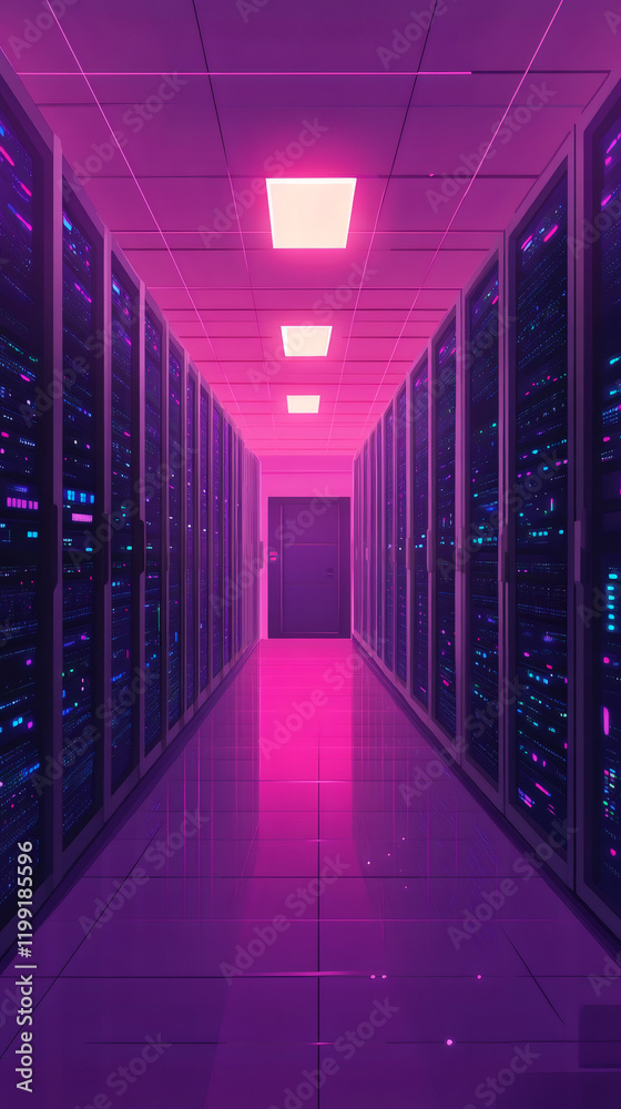 Aufkleber server racks lining a corridor illuminated by neon pink lights, creating a futuristic and technologi