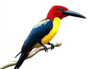 Fototapeta premium A colorful tropical bird with a long beak, sitting on an imaginary branch, detailed feathers in shades of red