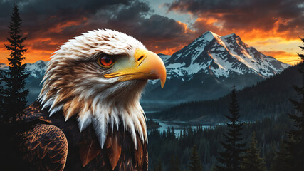 Fototapeta premium Majestic bald eagle portrait against dramatic mountain sunset captures American wilderness and powerful wildlife symbolism
