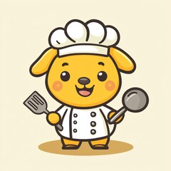 Dog chef holding spatula and ladle, simple background, for kids? content creation