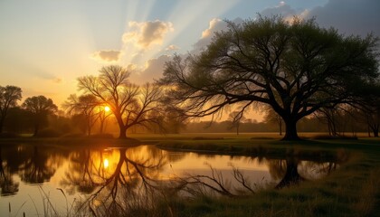 Fototapeta premium Serene sunrise over a river with silhouette trees.