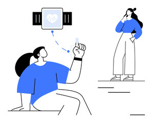 Two people with a smartwatch, one pointing at it and another contemplating. Ideal for health monitoring, fitness tracking, medical technology, modern lifestyle, innovation, user interaction