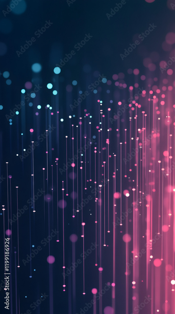 Poster Vertical lines with glowing particles falling on dark background, creating an abstract digital rain effect